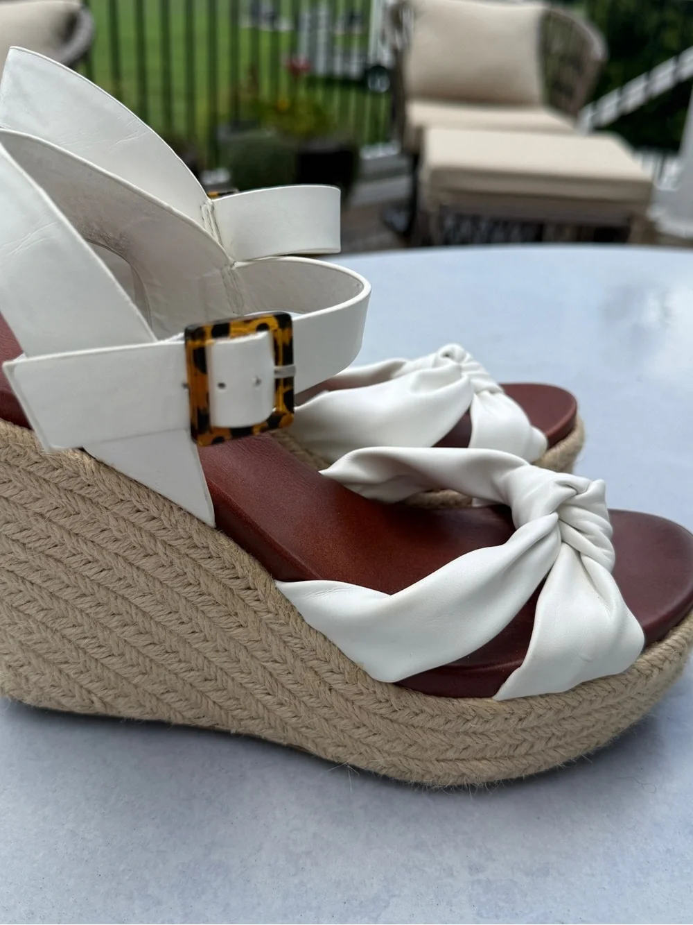 MIA White Knot-Front Espadrille Wedge Sandals with Tortoiseshell Buckle
